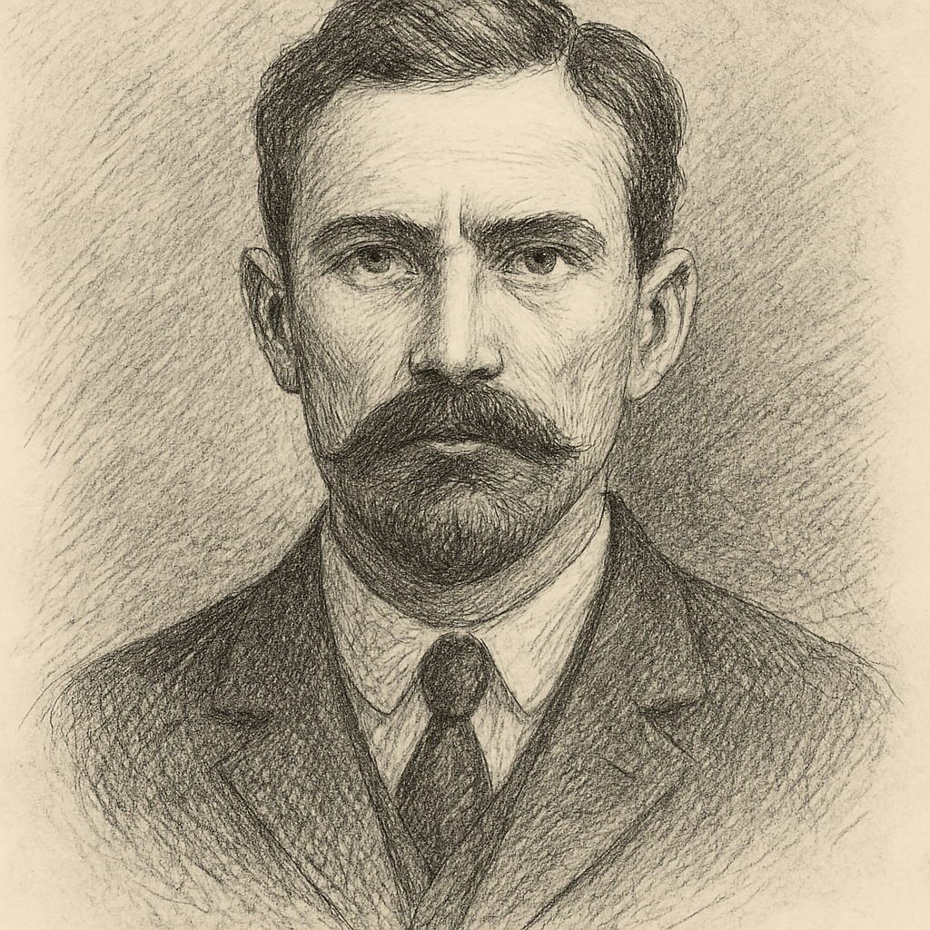 A graphite pencil drawing based on witness descriptions of the Axeman of New Orleans. The portrait shows a man with deep-set eyes, high cheekbones, and a mustache, wearing a dark coat. The sketch uses early 20th-century police illustration style with cross-hatching on textured paper, evoking a mysterious and unsettling presence.