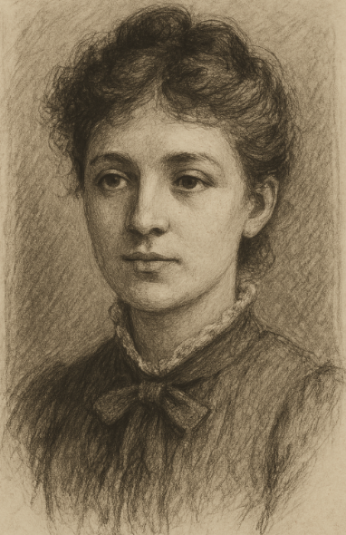 "Charcoal portrait of a young woman from the early 1900s with a somber expression. Her hair is styled in an elegant updo, and she wears a blouse with lace detailing around the collar. Her eyes are gentle yet tired, and her lips are slightly parted. The background is lightly textured, focusing attention on her delicate, expressive features