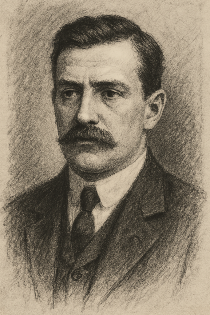 Charcoal portrait of a stern, middle-aged man from the early 20th century. He has a serious expression, neatly combed dark hair, and a well-groomed mustache. He wears a dark suit and looks slightly to the side, his eyes focused in contemplation. The background is softly shaded, adding contrast to the strong lines defining his face