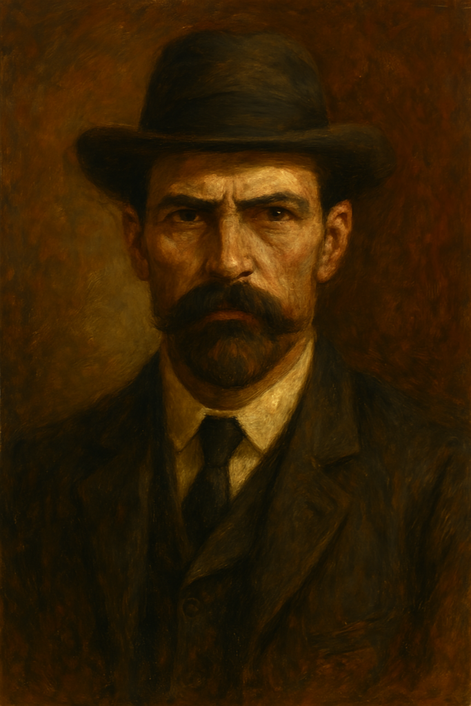 An oil painting inspired by witness accounts of the Axeman of New Orleans, depicted in a late 19th-century portrait style. The man wears a dark brown fedora and formal suit, with a stern face, angular jawline, piercing eyes, and a trimmed beard. The warm, earthy background and dramatic brushstrokes give the figure a haunting and enigmatic appearance.