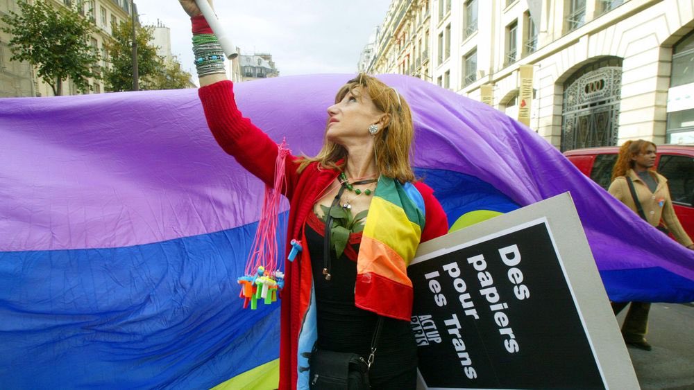 Camille Cabral at a street demonstration, holding up a rainbow flag and a black sign that reads “Des papiers pour les Trans – ACT UP PARIS,” with colorful keys hanging from her hand.