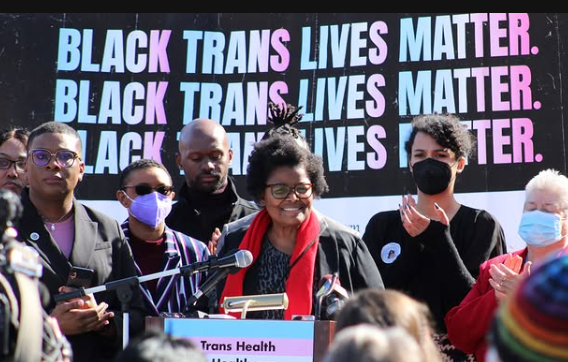 Mary L. Washington at a podium speaking at a rally with a "Black Trans Lives Matter" sign in the background, surrounded by a group of people including mask-wearers and activists.