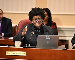 Mary L. Washington seated at a legislative desk, mid-speech with a raised hand, wearing black attire and glasses, with a nameplate reading "Sen. Mary Washington."